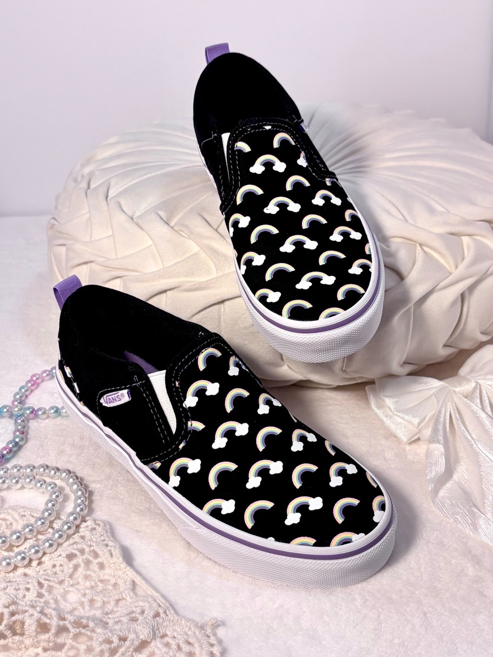 NWOT Vans Rainbow Cloud Slip‑Ons | Youth 1.0 | Lavender Trim - Picture 9 of 12